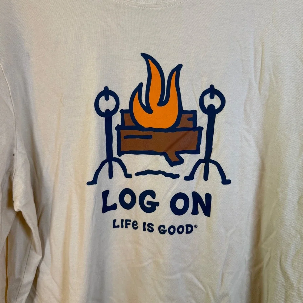 Life is Good Mens Log On Campfire Long Sleeve Crusher‎ Tee Cream Large